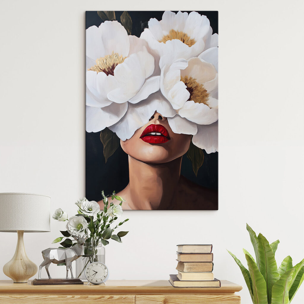 Painting of a woman with flowers over her face