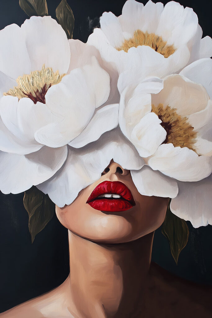 Painting of a woman with flowers over her face