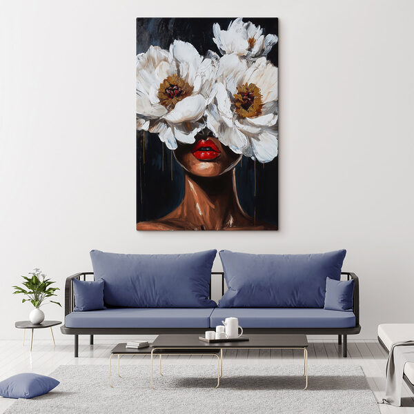 Painting of a woman with flowers over her face