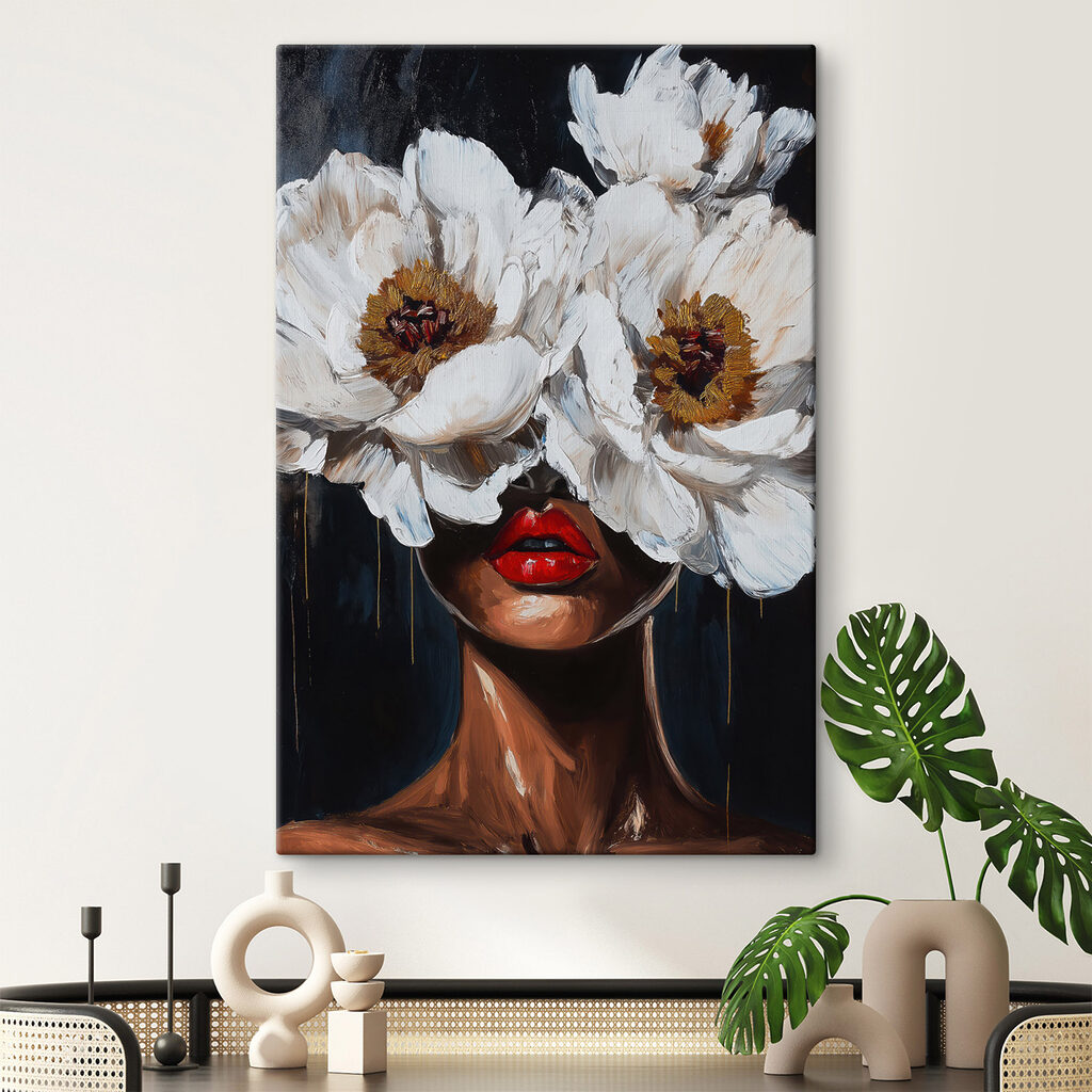Painting of a woman with flowers over her face