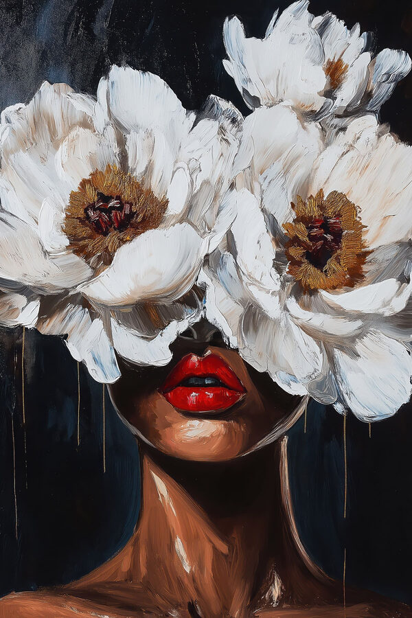 Painting of a woman with flowers over her face