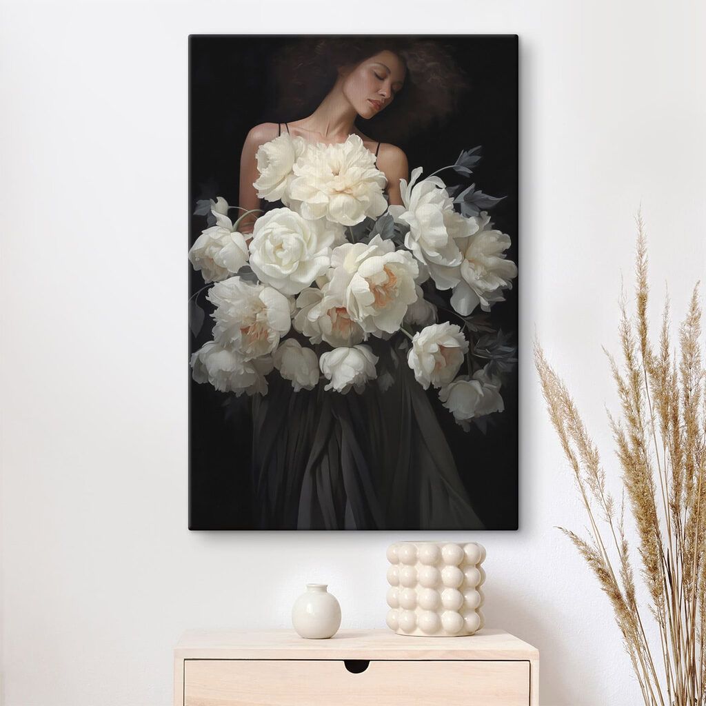 Woman holding a large bouquet of flowers Woman holding a large bouquet of flowers