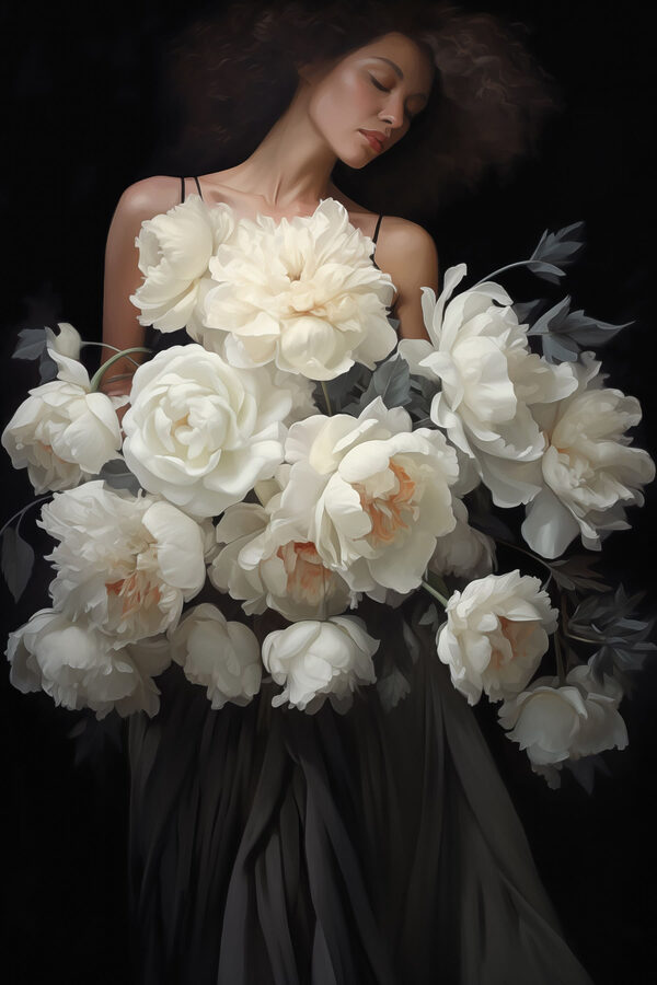 Woman holding a large bouquet of flowers Woman holding a large bouquet of flowers