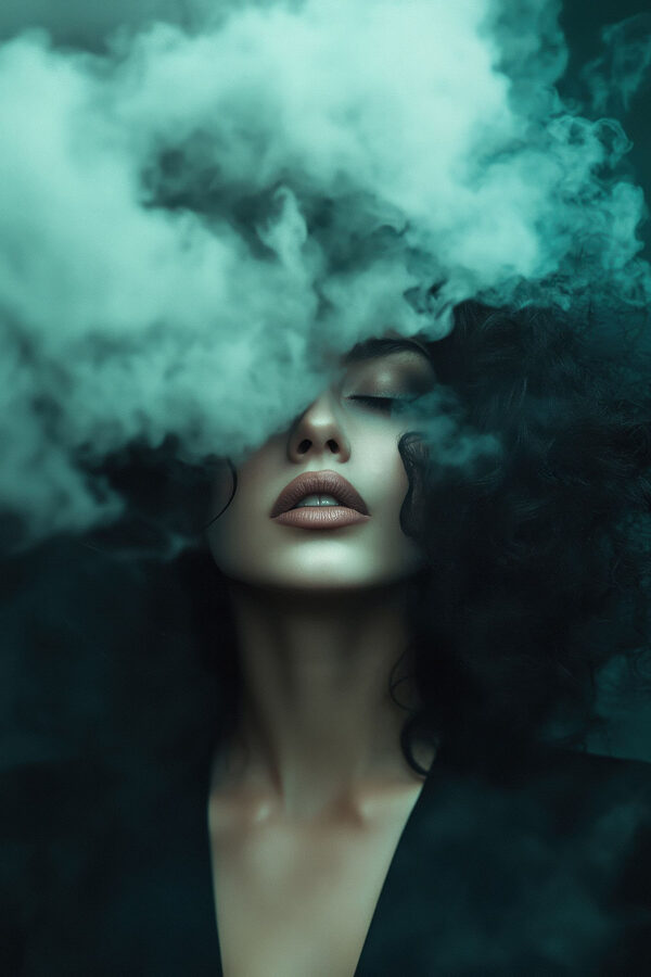 Woman with smoke coming out of her face