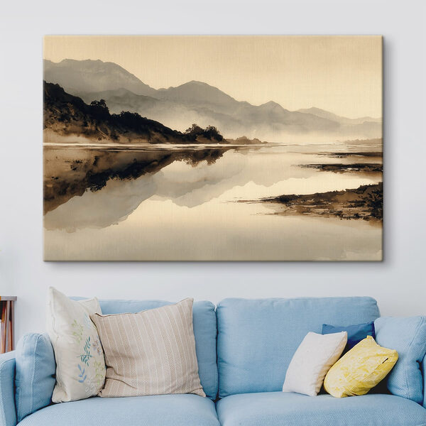 Watercolor painting of a lake with mountains in the background