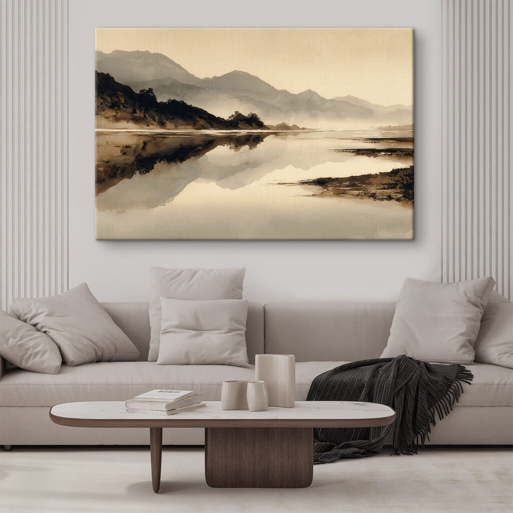 Watercolor painting of a lake with mountains in the background