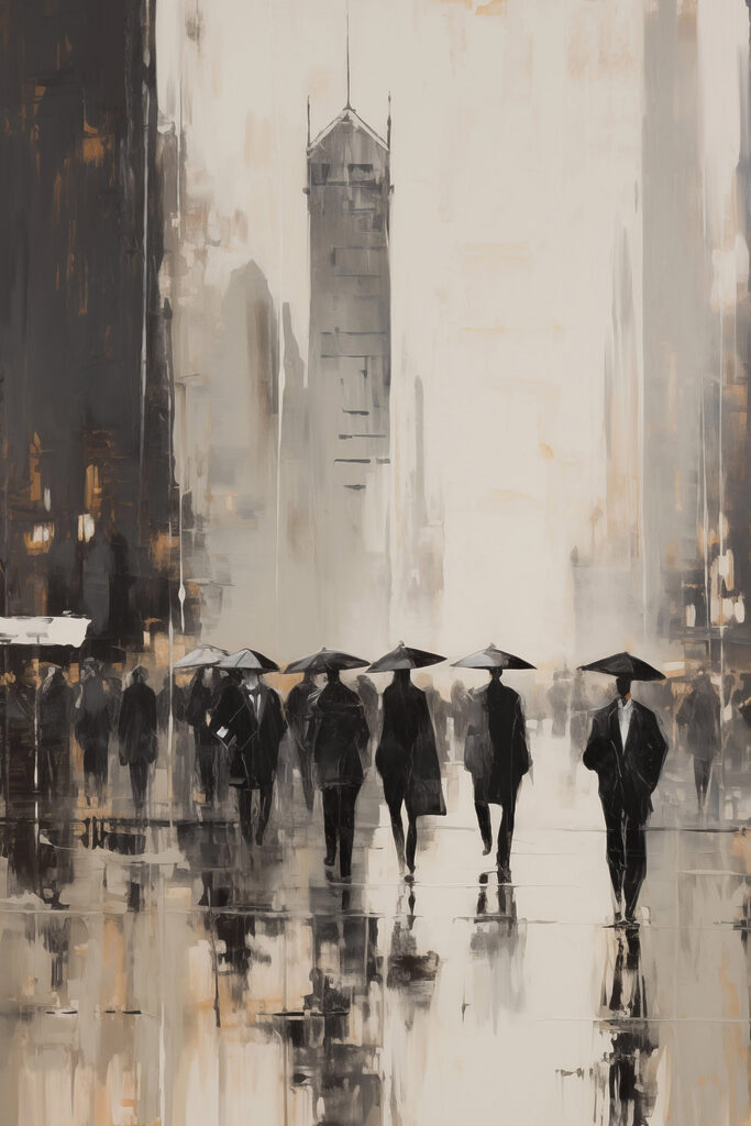 Group of people walking with umbrellas