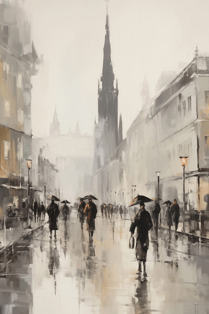 Painting of people walking on a street with umbrellas