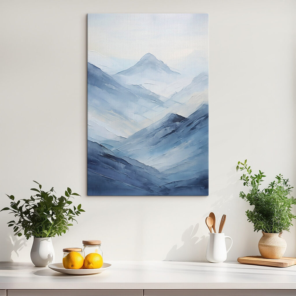 Painting of mountains in fog Painting of mountains in fog