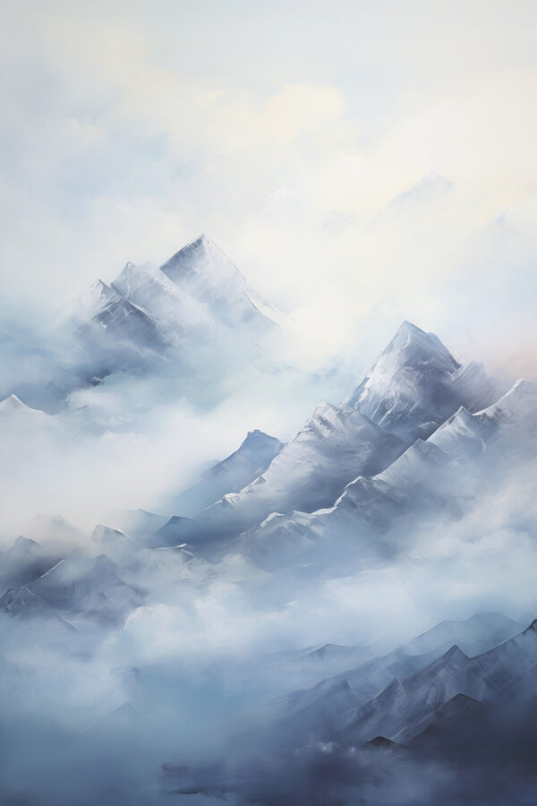 Painting of mountains in the clouds Painting of mountains in the clouds