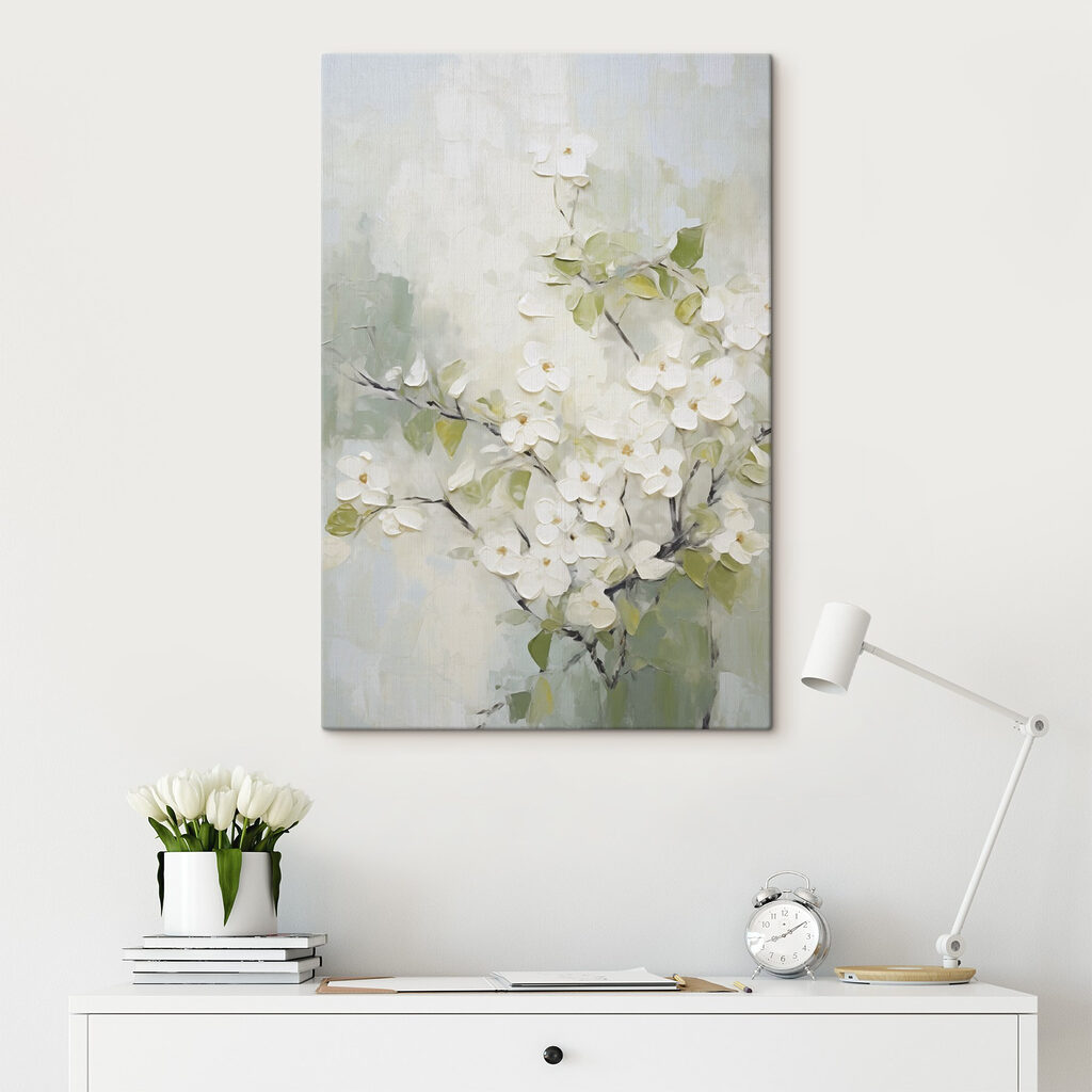 Painting of white flowers on a branch Painting of white flowers on a branch
