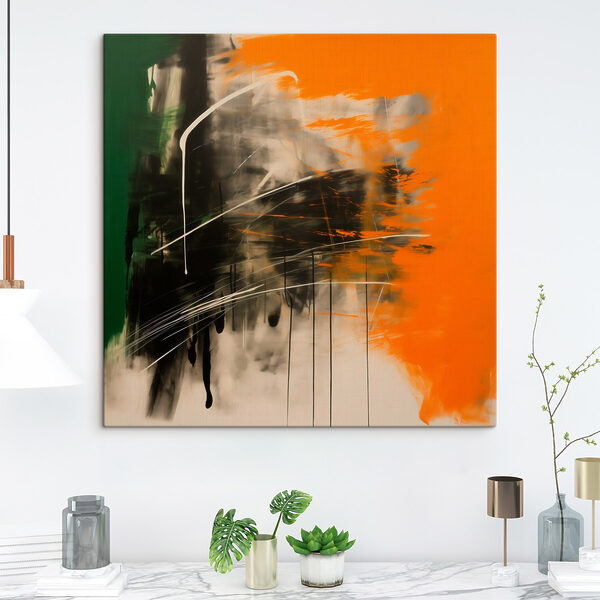 Painting of a green orange and black color Painting of a green orange and black color