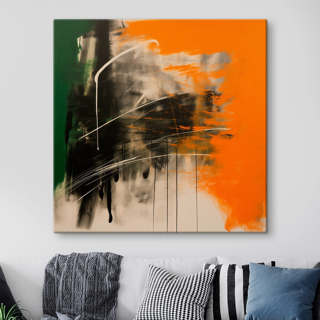 Painting of a green orange and black color Painting of a green orange and black color