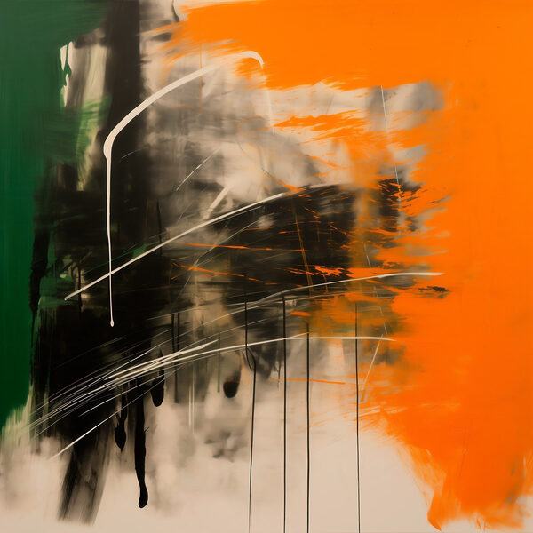 Painting of a green orange and black color Painting of a green orange and black color