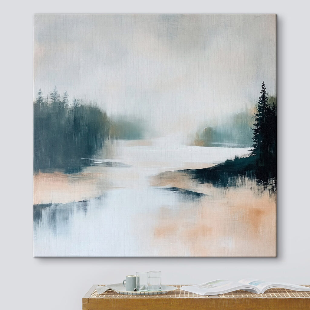 Painting of a river with trees and fog Painting of a river with trees and fog