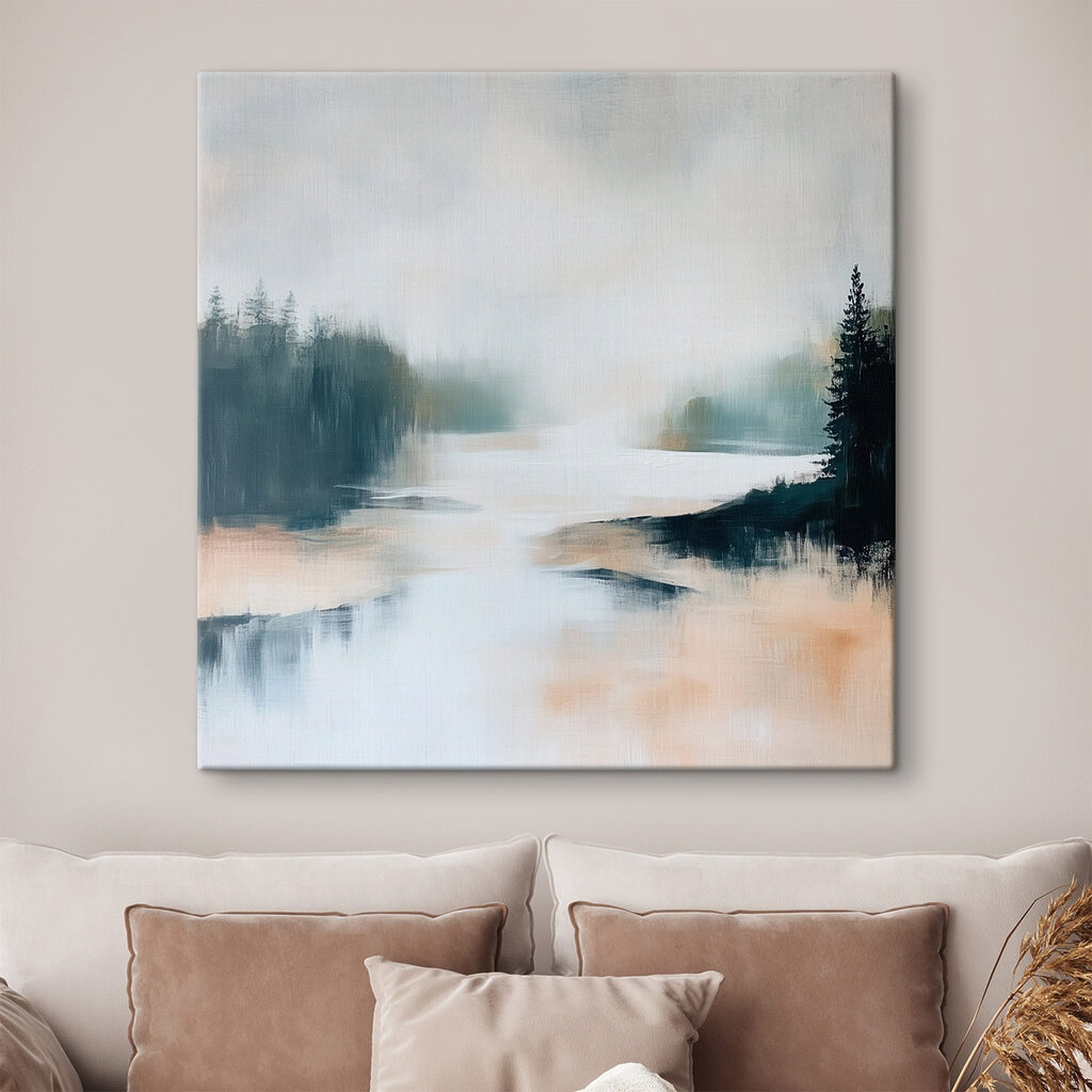 Painting of a river with trees and fog Painting of a river with trees and fog
