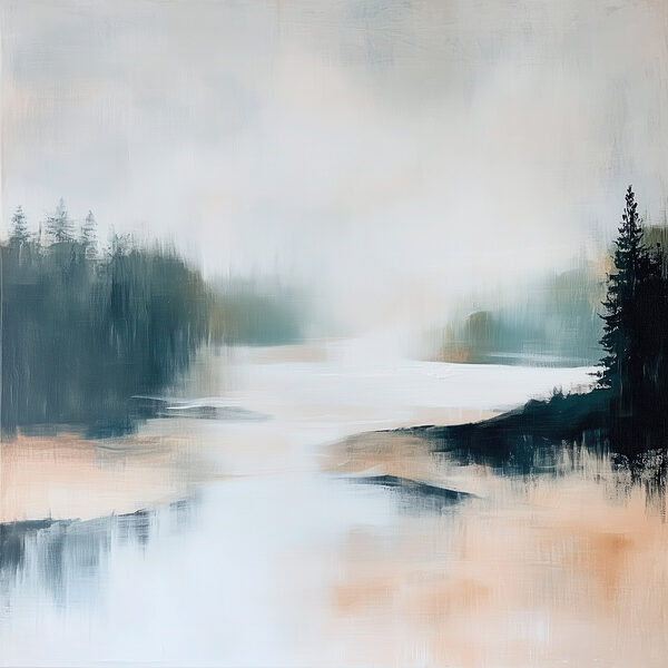 Painting of a river with trees and fog Painting of a river with trees and fog