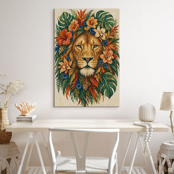 Painting of a lion with flowers