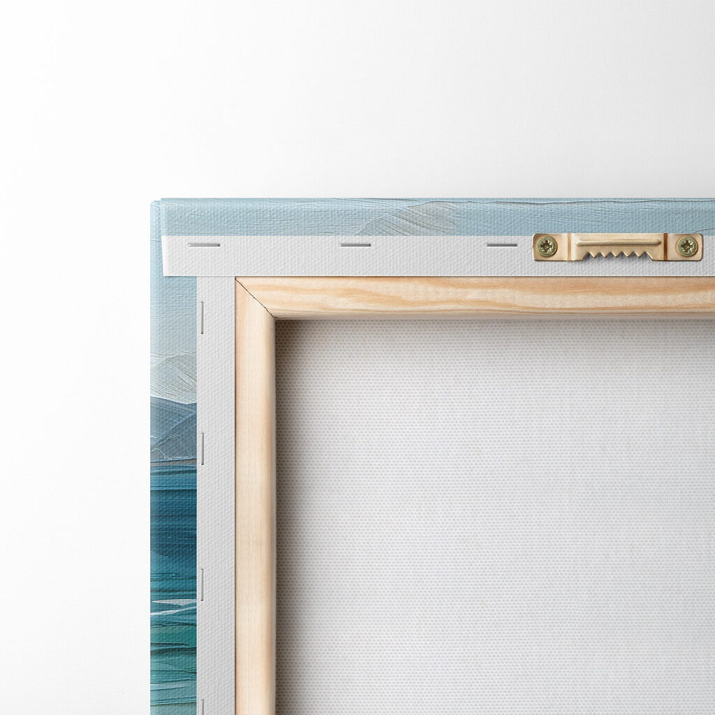 Painting of a beach with rocks and water