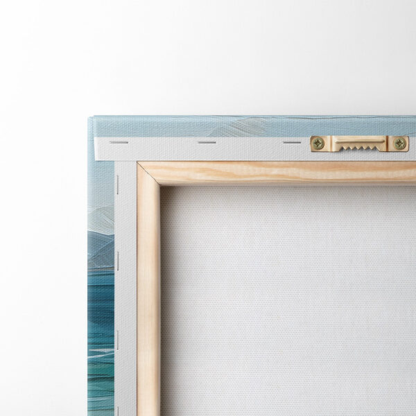 Painting of a beach with rocks and water