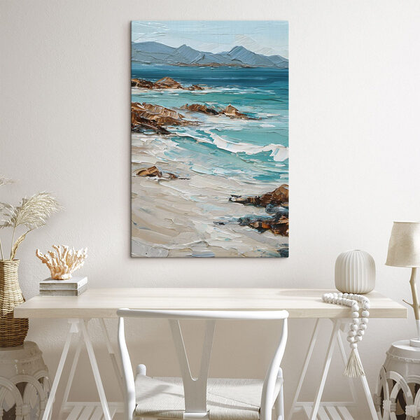 Painting of a beach with rocks and water