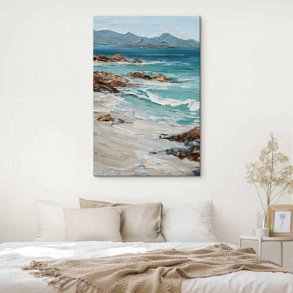 Painting of a beach with rocks and water