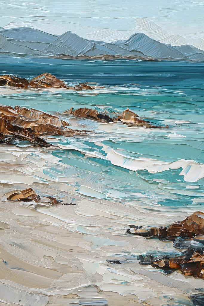 Painting of a beach with rocks and water