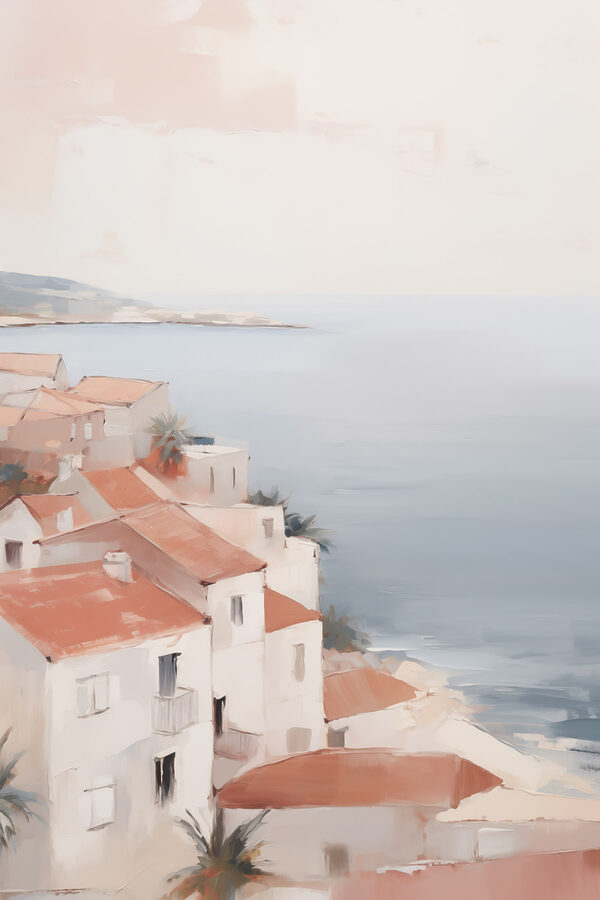 Watercolor of a town by the sea