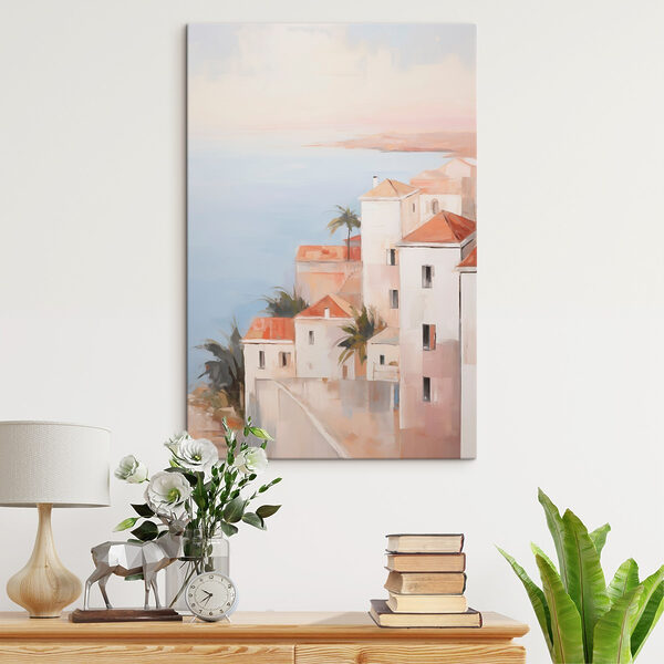 Painting of a group of buildings with palm trees