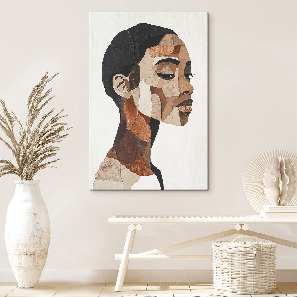 Woman's face with different colors of wood