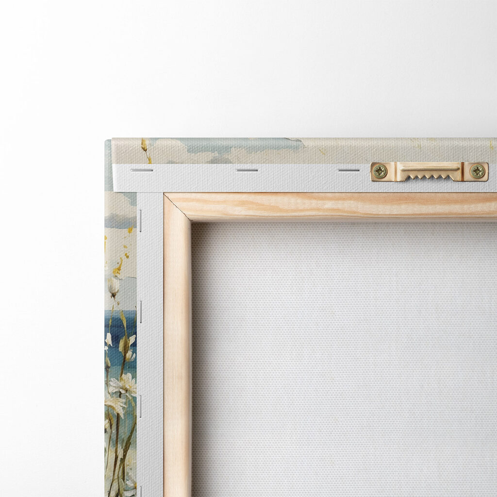 Painting of flowers and a body of water Painting of flowers and a body of water