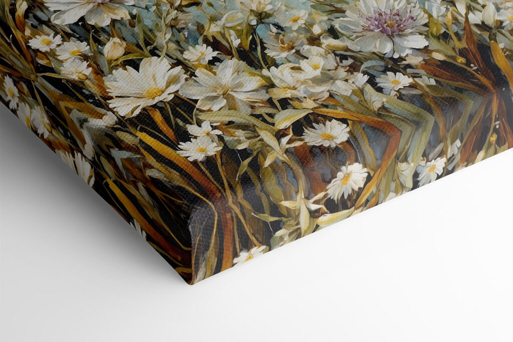Painting of flowers and a body of water Painting of flowers and a body of water
