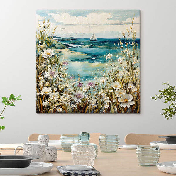 Painting of flowers and a body of water Painting of flowers and a body of water