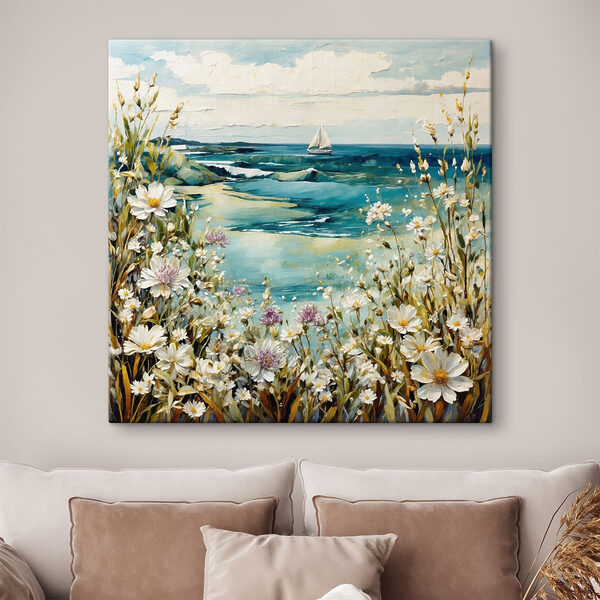 Painting of flowers and a body of water Painting of flowers and a body of water