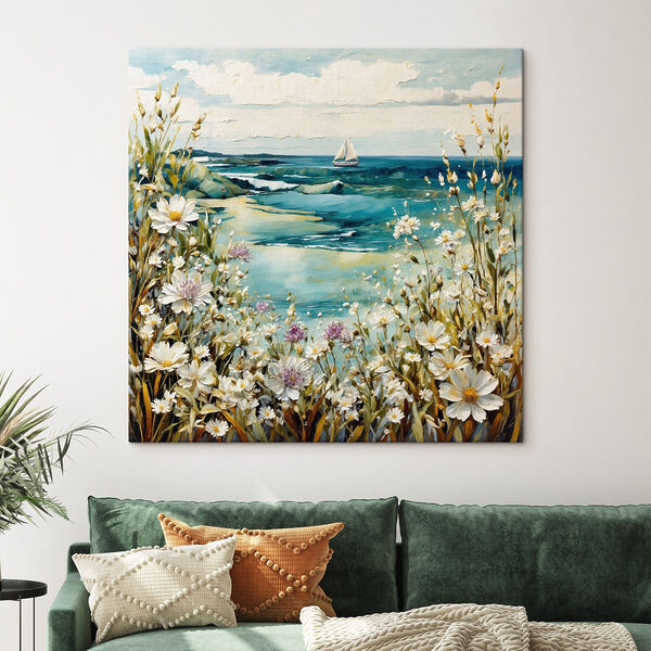Painting of flowers and a body of water Painting of flowers and a body of water