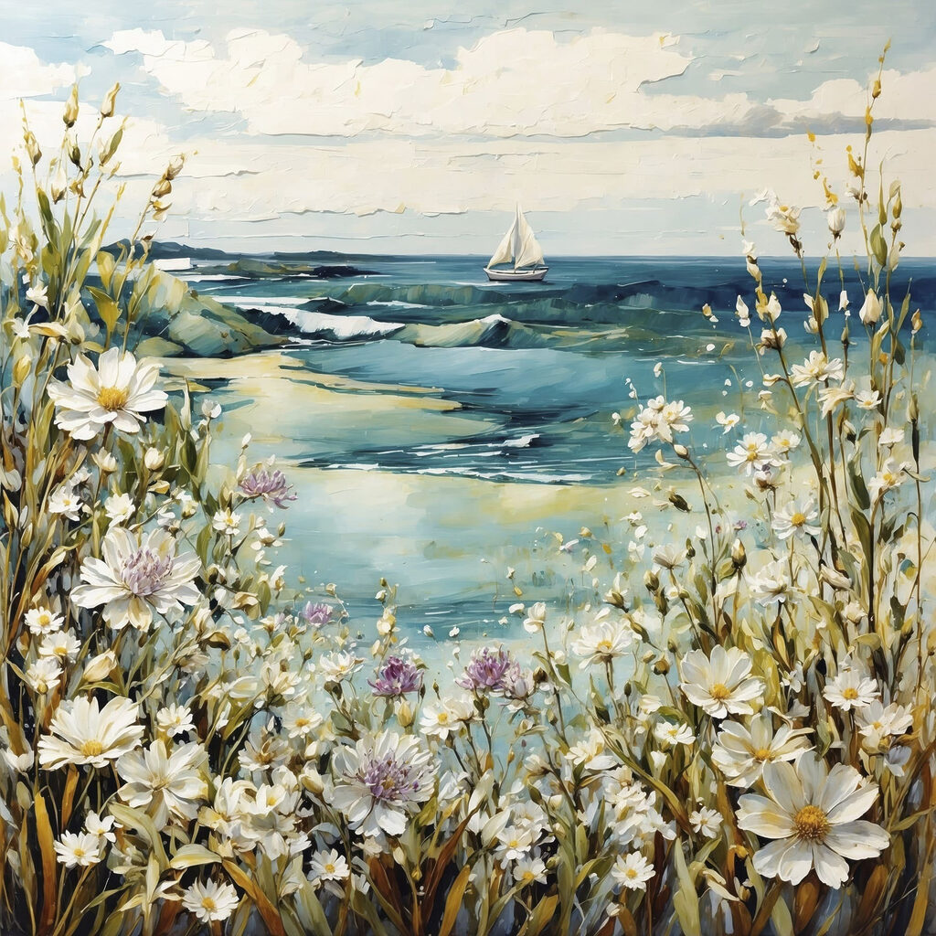 Painting of flowers and a body of water Painting of flowers and a body of water
