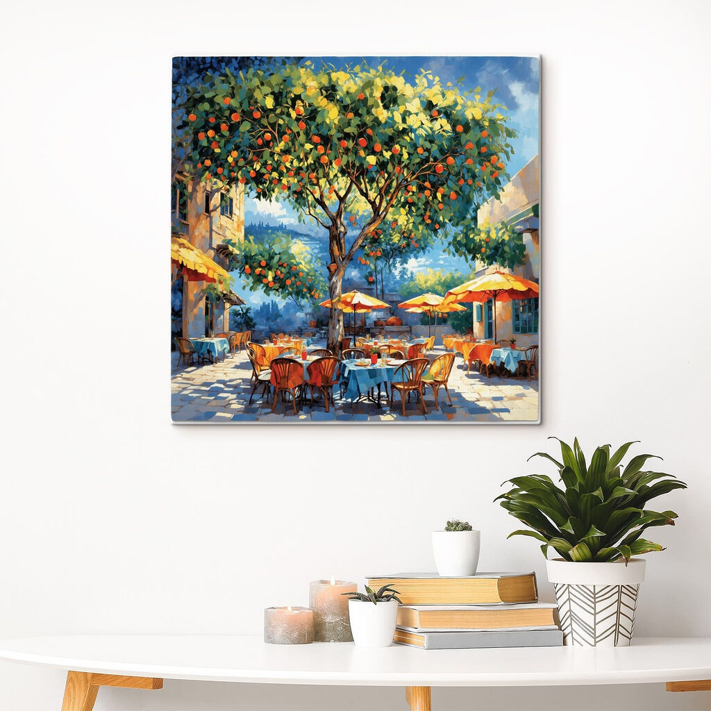 Painting of an orange tree with tables and chairs under an orange tree