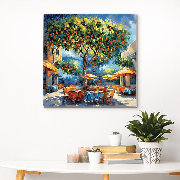 Painting of an orange tree with tables and chairs under an orange tree