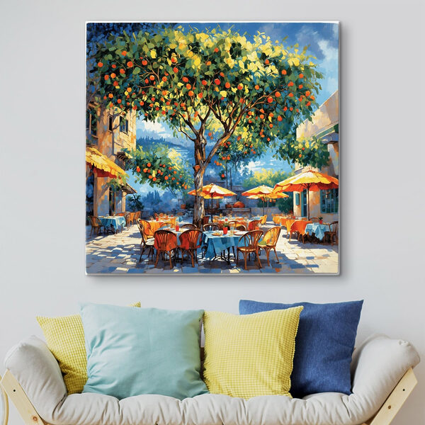 Painting of an orange tree with tables and chairs under an orange tree