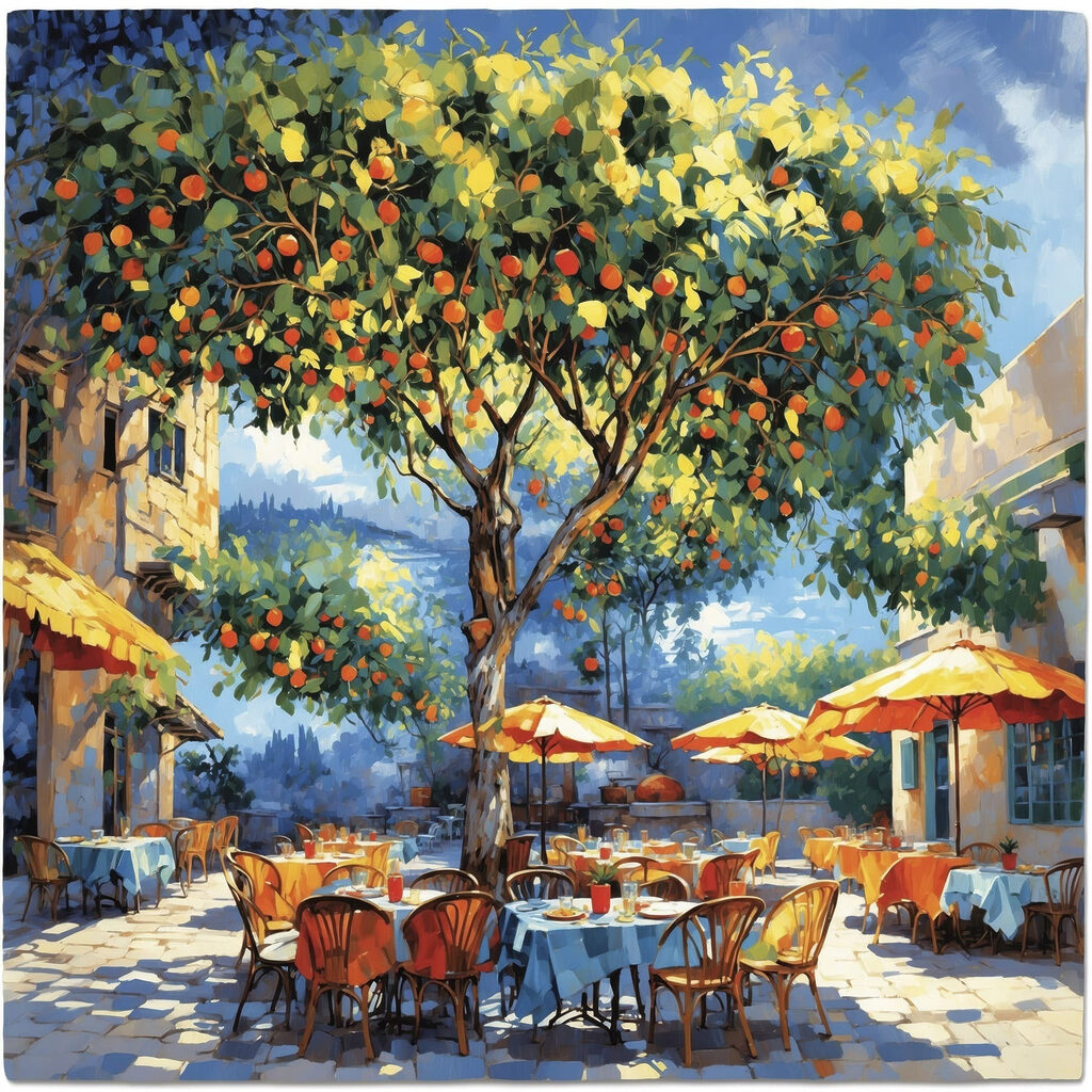 Painting of an orange tree with tables and chairs under an orange tree