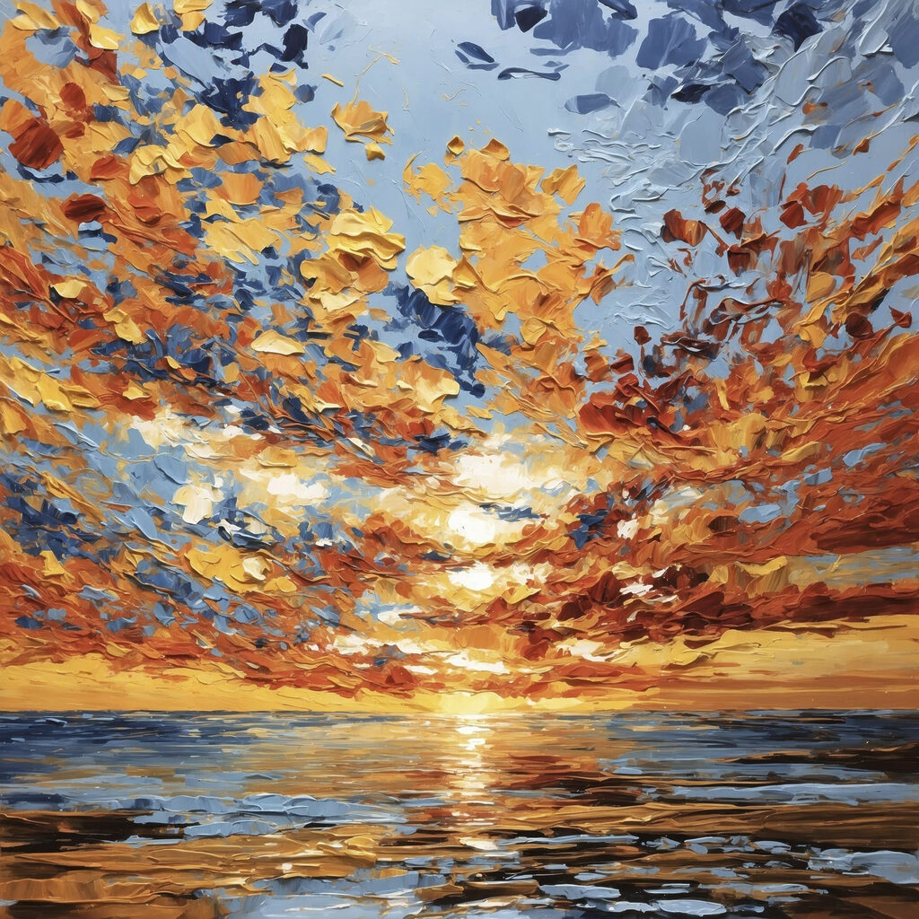 Painting of a sunset over water