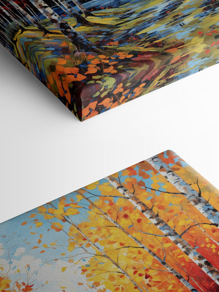 Painting of a river with trees and leaves Painting of a river with trees and leaves