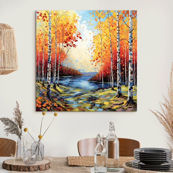 Painting of a river with trees and leaves Painting of a river with trees and leaves