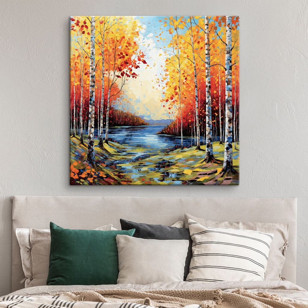 Painting of a river with trees and leaves Painting of a river with trees and leaves