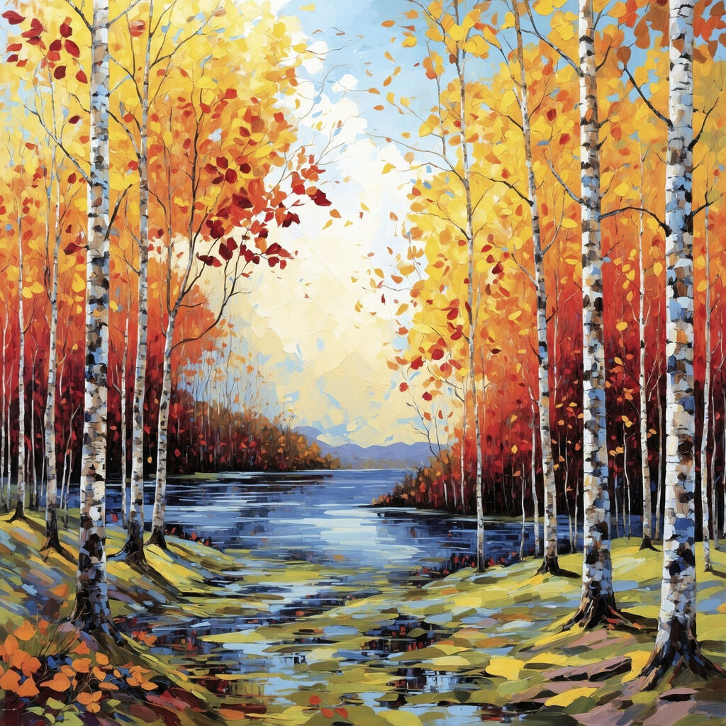 Painting of a river with trees and leaves Painting of a river with trees and leaves