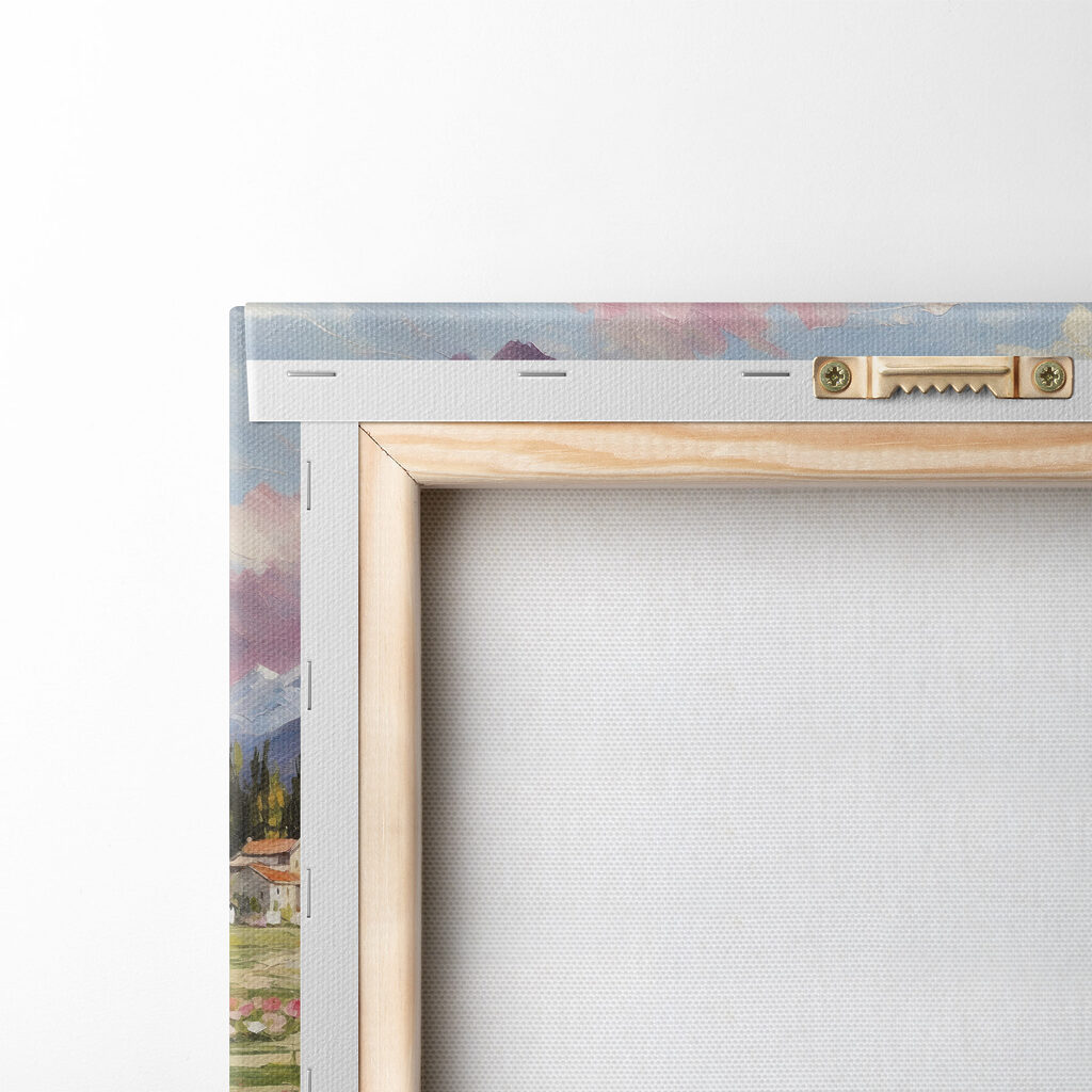 Painting of a lake with flowers and mountains in the background