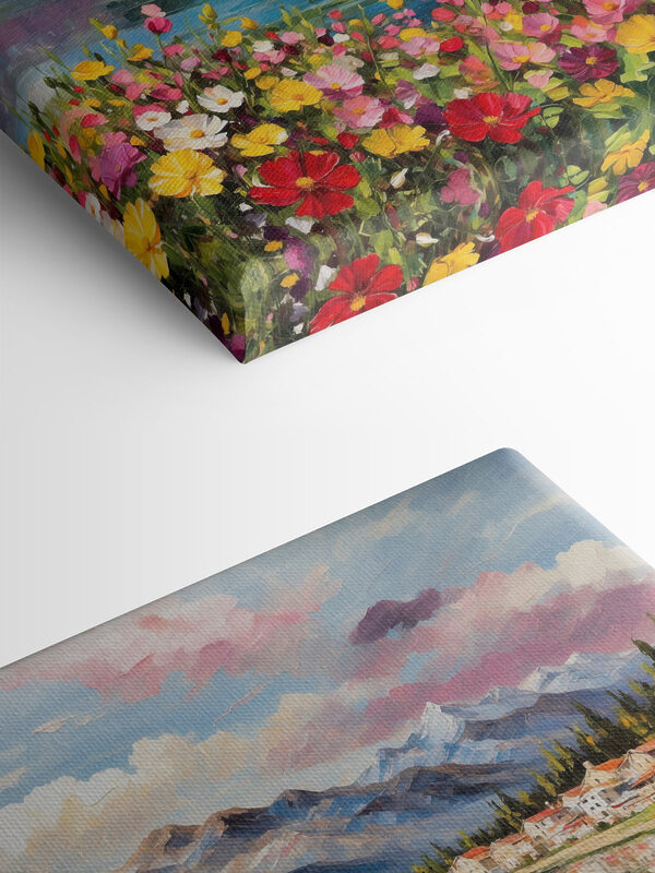 Painting of a lake with flowers and mountains in the background