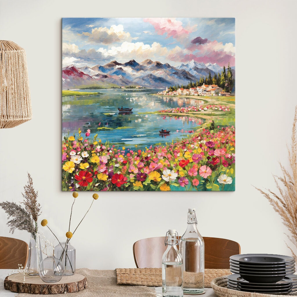 Painting of a lake with flowers and mountains in the background