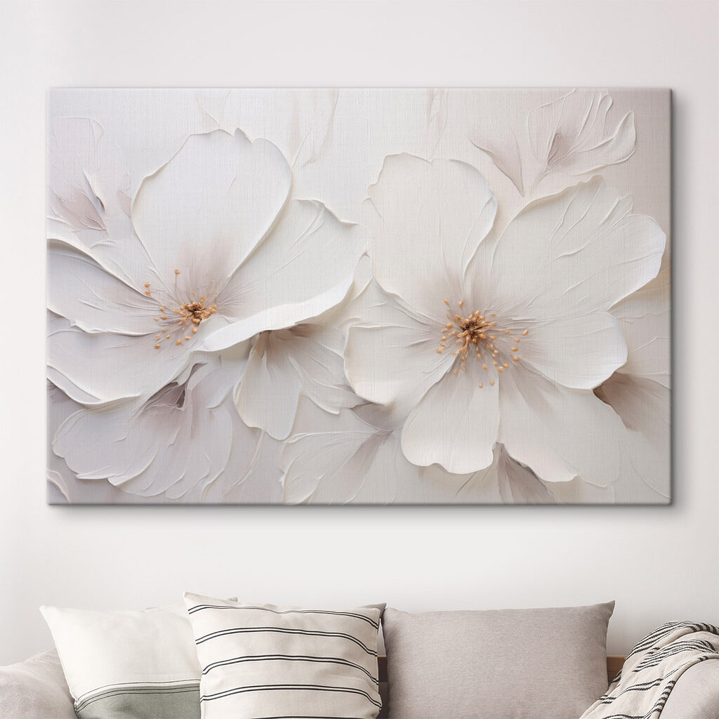 White flower art on a wall White flower art on a wall