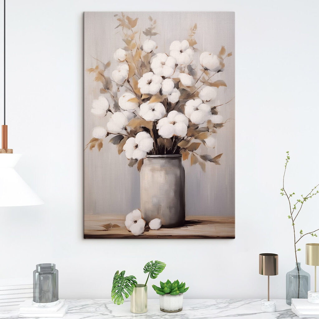 Painting of cotton flowers in a vase
